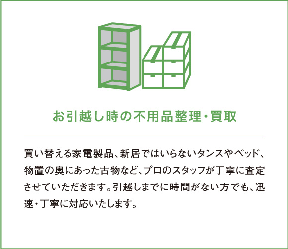 買い替える家電製品、新居ではいらないタンスやベッド、物置の奥にあった古物など、プロのスタッフが丁寧に査定させていただきます。引越しまでに時間がない方でも、迅速・丁寧に対応いたします。