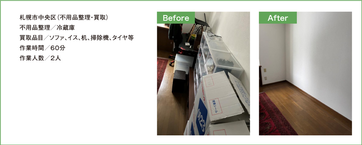 札幌市中央区（不用品整理・買取）不用品整理／冷蔵庫買取品目／ソファ、イス、机、掃除機、タイヤ等作業時間／６０分作業人数／２人